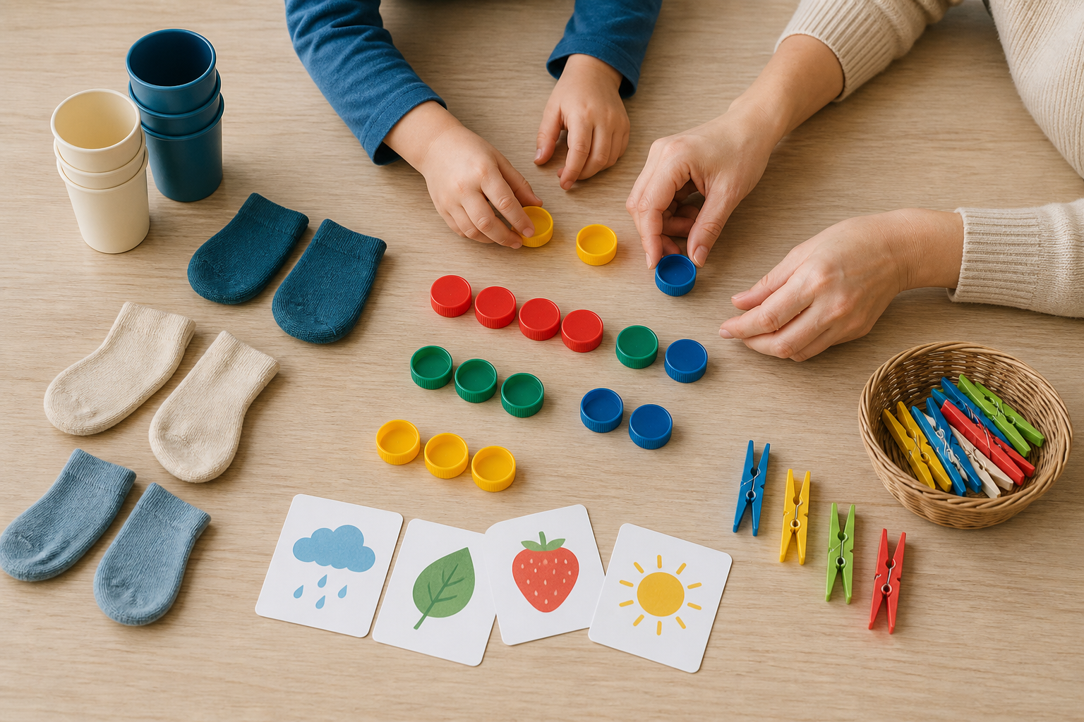 Mesa com atividades da trilha organizadas: copos, pares de meias, prendedores e cartões