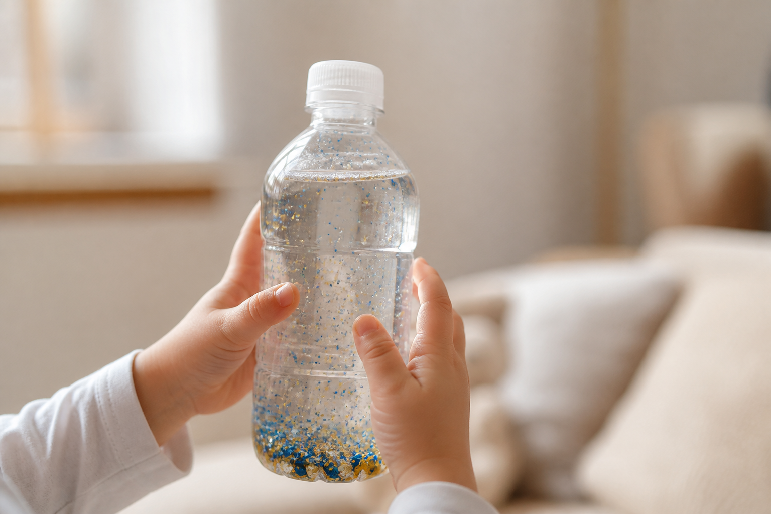 Mãos de criança segurando o pote da calma com glitter assentando