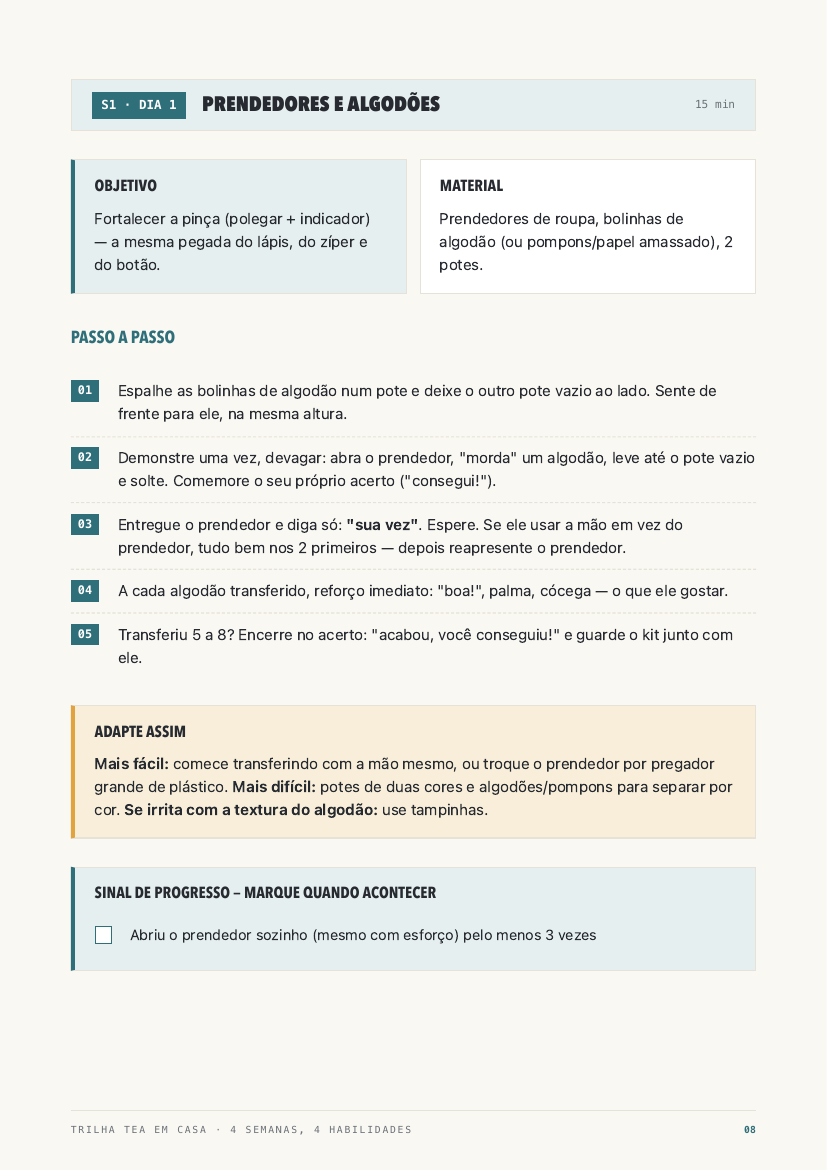 Página real: Dia 1 — Prendedores e algodões, com passo a passo e adaptação